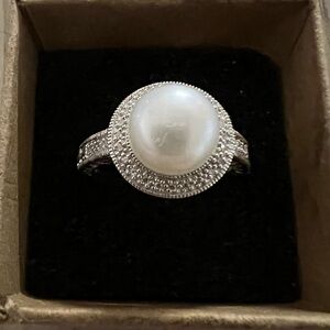 QVC Affinity Diamonds Sterling Silver Cultured Pearl Halo Ring Size 10